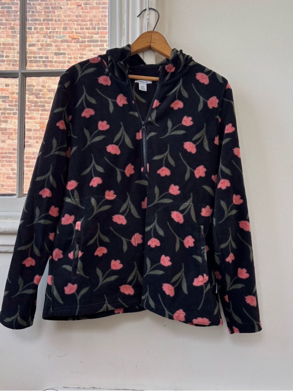 O'Neill Black Floral Fleece Zip Hoodie with Pink Tulips